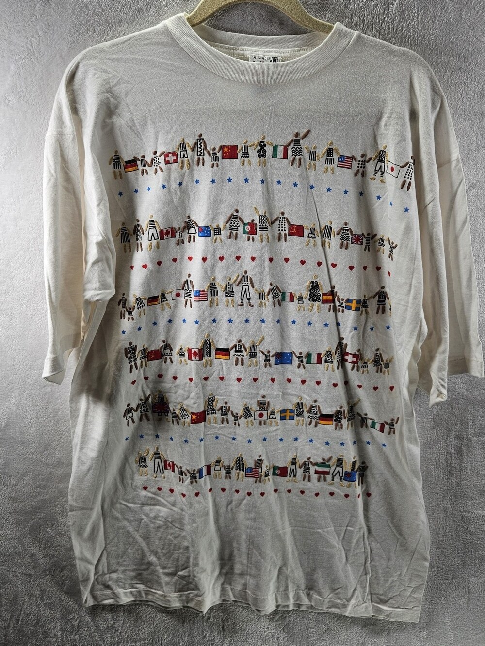 Vintage EZL T-shirt Mens Fits As Medium White World Flags Single Stitch 90s USA
